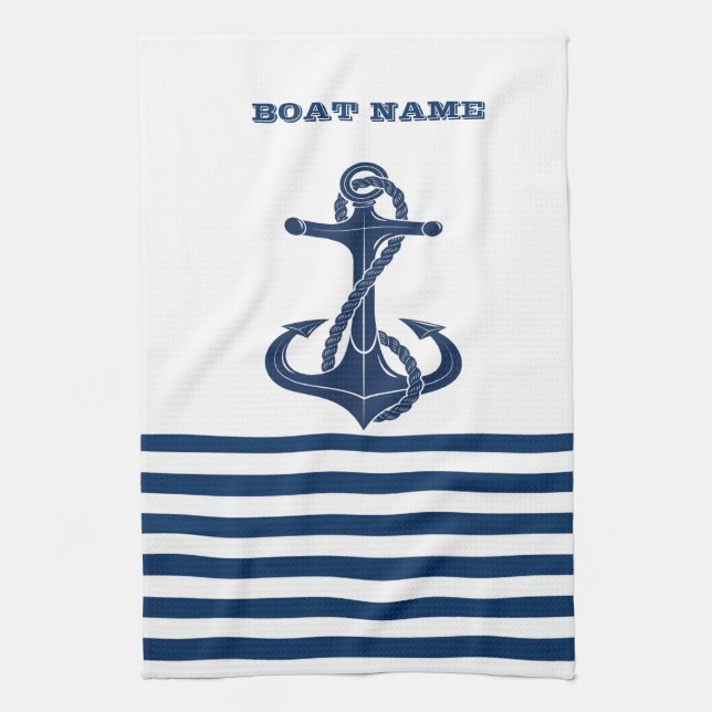 Nautical Boat Name,Anchor  Navy Blue White Stripes Kitchen Towel (Vertical)
