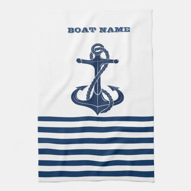 Nautical Boat Name Anchor Navy Blue White Stripes Kitchen Towel Zazzle