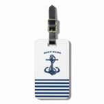 Nautical Boat Name,Anchor  Navy Blue White Stripes Luggage Tag