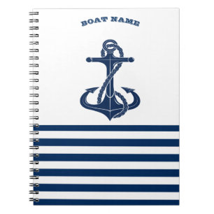 Nautical Boat Name,Anchor Navy Blue White Stripes Notebook