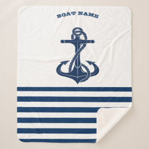 Nautical Boat Name,Anchor Navy Blue White Stripes Sherpa Blanket
