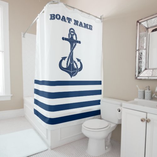 Nautical Boat NameAnchor Navy Blue White Stripes Shower Curtain