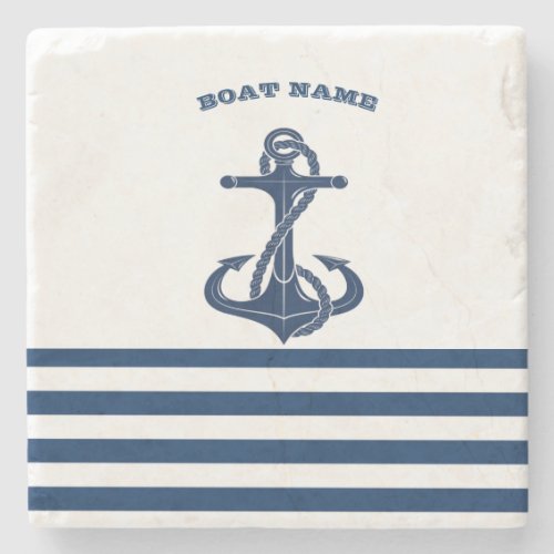 Nautical Boat NameAnchor  Navy Blue White Stripes Stone Coaster