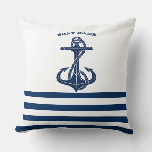 Nautical Boat NameAnchor Navy Blue White Stripes Throw Pillow