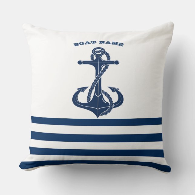 Nautical Boat Name,Anchor Navy Blue White Stripes Throw Pillow (Front)