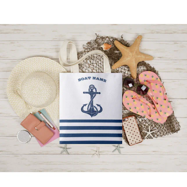 Nautical Boat Name Anchor Navy Blue White Stripes Tote Bag Zazzle