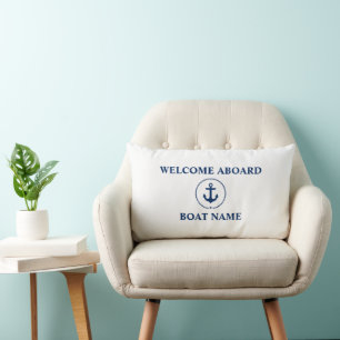 Nautical Boat Name Anchor Navy Blue White Welcome Lumbar Pillow
