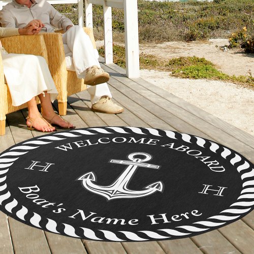 Nautical Boat Name Anchor Rope Black and White  Outdoor Rug