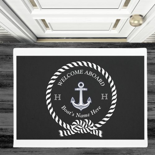 Nautical Boat Name Anchor Rope Black White Welcome Doormat