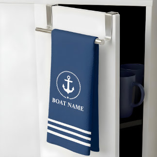 Nautical Boat Name Anchor Rope Blue Striped Kitchen Towel