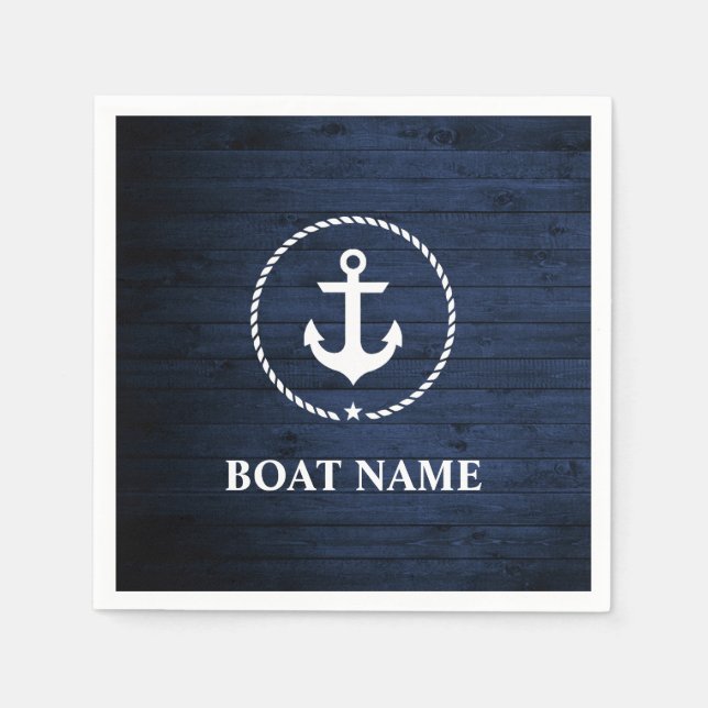 Nautical Boat Name Anchor Rope Blue Wood Napkins (Front)