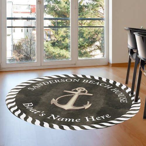Nautical Boat Name Anchor Rope Brown White Outdoor Rug