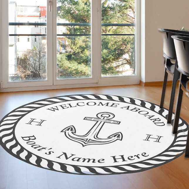 Nautical Boat Name Anchor Rope Dark Gray White  Outdoor Rug (Creator Uploaded)