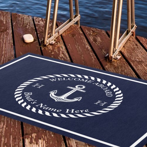 Nautical Boat Name Anchor Rope Dk Navy Blue White  Outdoor Rug