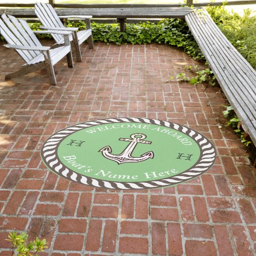 Nautical Boat Name Anchor Rope green white Outdoor Rug
