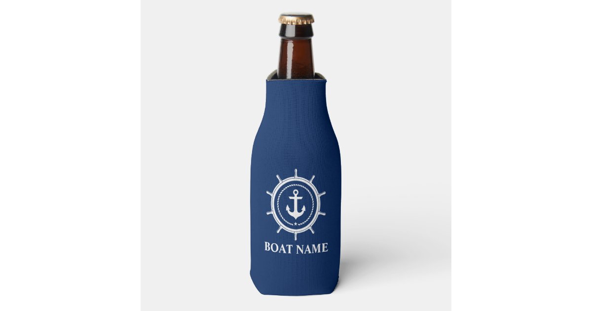Nautical Boat Name Anchor Rope Helm Navy Blue Bottle Cooler | Zazzle
