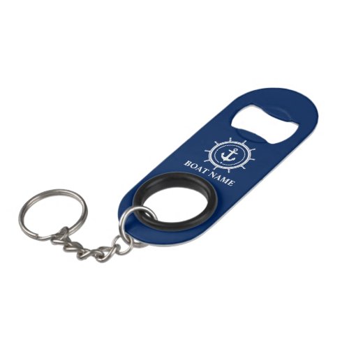 Nautical Boat Name Anchor Rope Helm Navy Blue Keychain Bottle Opener
