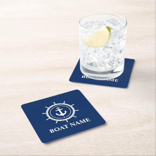 Nautical Boat Name Anchor Rope Helm Navy Blue Square Paper Coaster