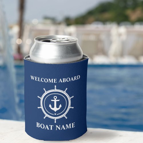Nautical Boat Name Anchor Rope Helm Welcome Aboard Can Cooler