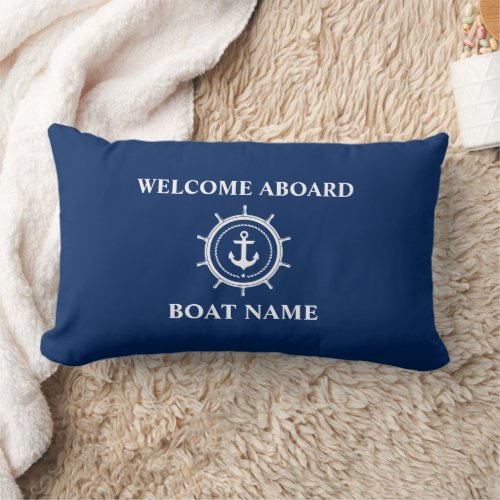 Nautical Boat Name Anchor Rope Helm Welcome Blue Lumbar Pillow