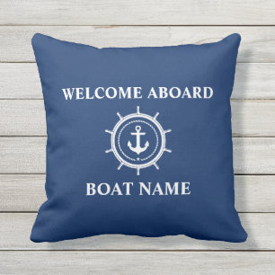 Nautical Boat Name Anchor Rope Helm Welcome Blue Outdoor Pillow