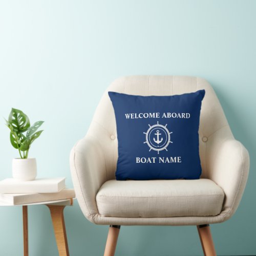 Nautical Boat Name Anchor Rope Helm Welcome Blue Throw Pillow