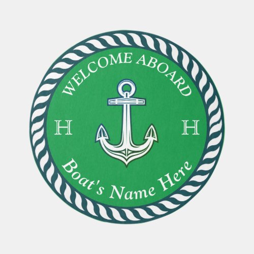Nautical Boat Name Anchor Rope Kelly Green White Outdoor Rug