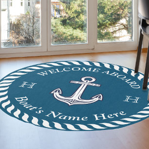 Nautical Boat Name Anchor Rope Lake Blue White Outdoor Rug