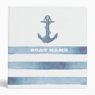Nautical Boat Name,Anchor,Rope,Light Blue Stripes 3 Ring Binder