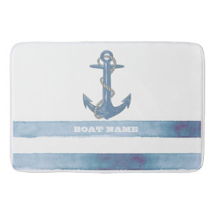 Nautical Boat Name,Anchor,Rope,Light Blue Stripes  Bath Mat