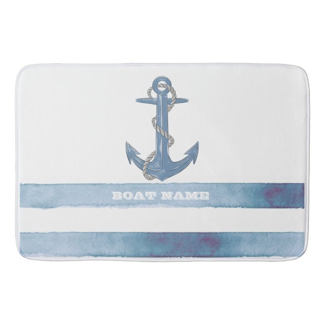 Nautical Boat Name,Anchor,Rope,Light Blue Stripes  Bath Mat (Front)
