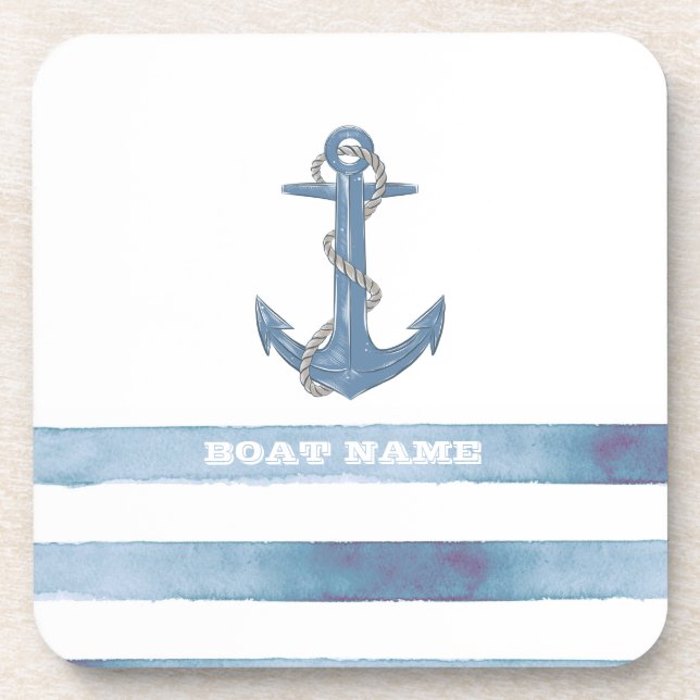 Nautical Boat Name,Anchor,Rope,Light Blue Stripes  Beverage Coaster (Front)