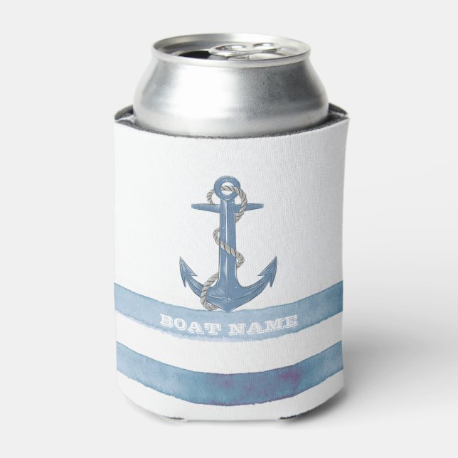 Nautical Boat Name,Anchor,Rope,Light Blue Stripes  Can Cooler (Can Front)