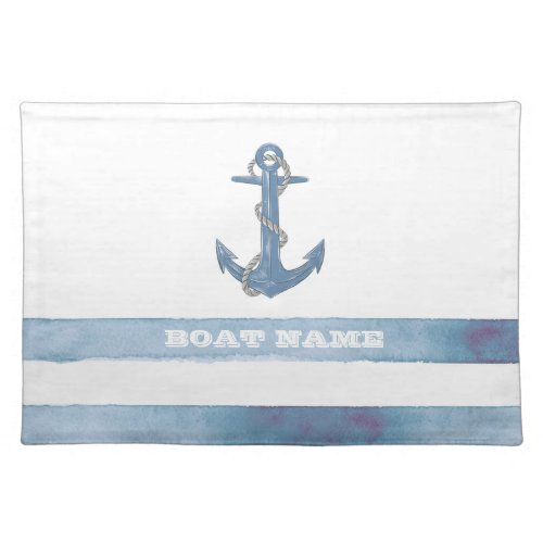 Nautical Boat NameAnchorRopeLight Blue Stripes  Cloth Placemat