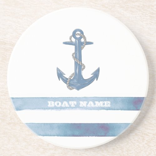 Nautical Boat NameAnchorRopeLight Blue Stripes  Coaster