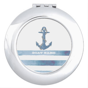 Nautical Boat Name,Anchor,Rope,Light Blue Stripes Compact Mirror