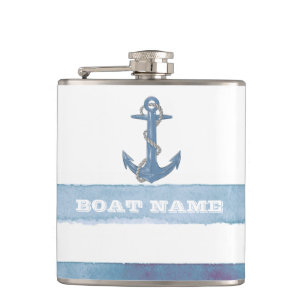 Nautical Boat Name,Anchor,Rope,Light Blue Stripes Flask