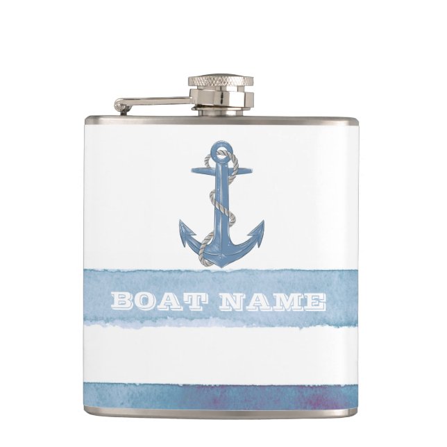 Nautical Boat Name,Anchor,Rope,Light Blue Stripes  Flask (Front)