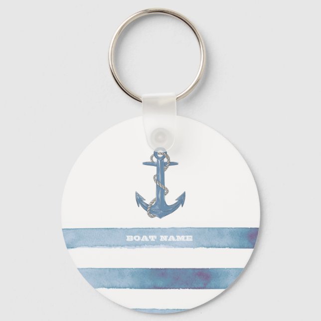 Nautical Boat Name,Anchor,Rope,Light Blue Stripes  Keychain (Front)
