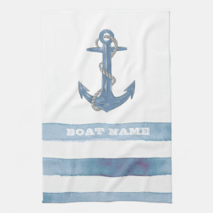 Nautical Boat Name,Anchor,Rope,Light Blue Stripes Kitchen Towel