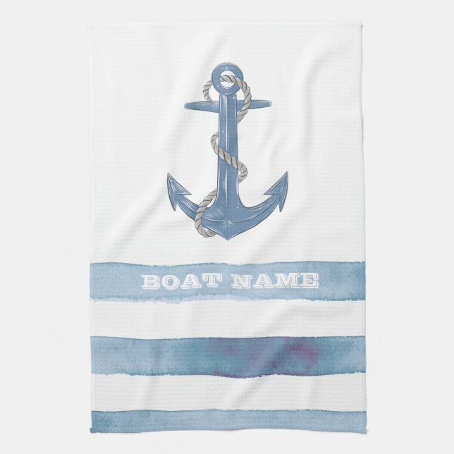 Nautical Boat Name,Anchor,Rope,Light Blue Stripes  Kitchen Towel (Vertical)