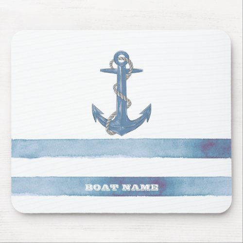 Nautical Boat NameAnchorRopeLight Blue Stripes  Mouse Pad