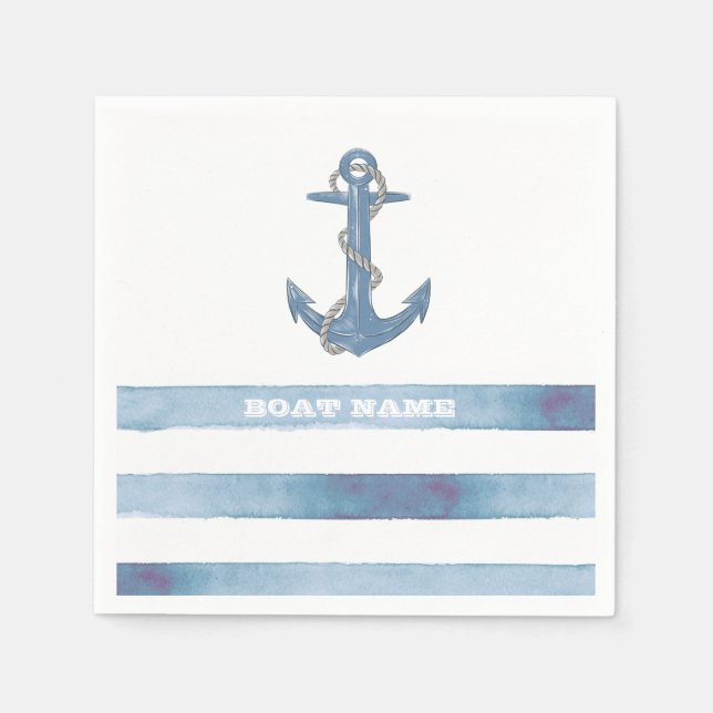 Nautical Boat Name,Anchor,Rope,Light Blue Stripes  Napkins (Front)