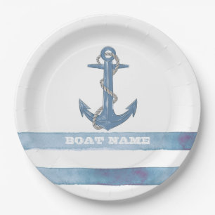 Nautical Boat Name,Anchor,Rope,Light Blue Stripes Paper Plates