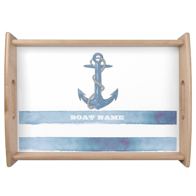 Nautical Boat Name,Anchor,Rope,Light Blue Stripes  Serving Tray (Front)