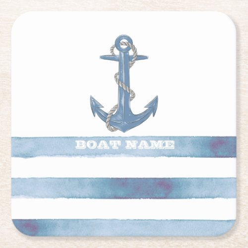 Nautical Boat NameAnchorRopeLight Blue Stripes  Square Paper Coaster