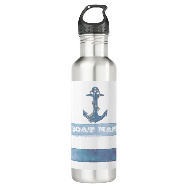 Nautical Boat Name,Anchor,Rope,Light Blue Stripes  Stainless Steel Water Bottle (Front)