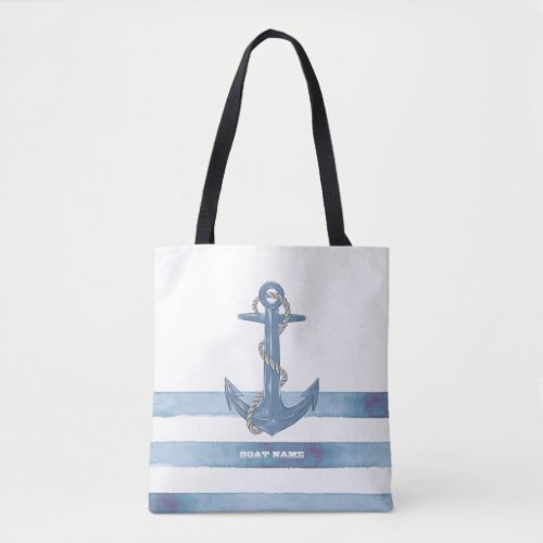 Nautical Boat NameAnchorRopeLight Blue Stripes  Tote Bag