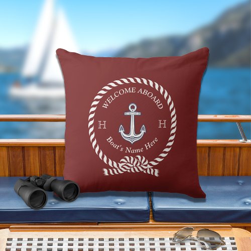 Nautical Boat Name Anchor Rope Maroon Red  Outdoor Pillow