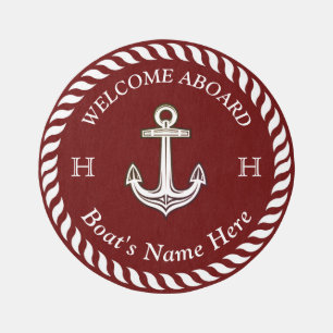 Nautical Boat Name Anchor Rope Maroon Red White Outdoor Rug